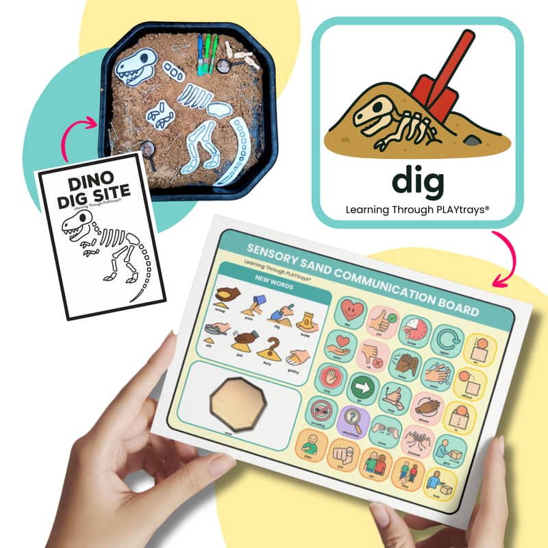 Dinosaur fossil dig activity in a sand tray for early years sensory play