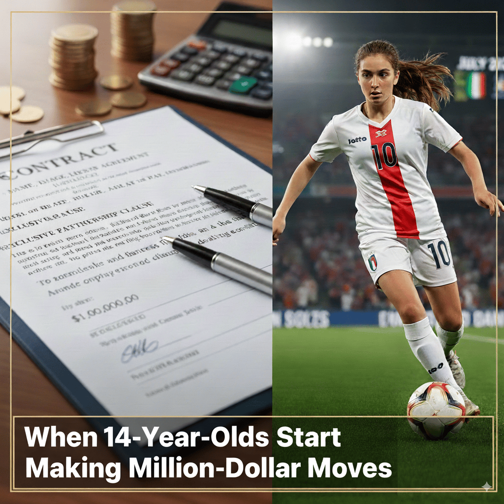 contract on the left, young female soccer player making a move on the right
