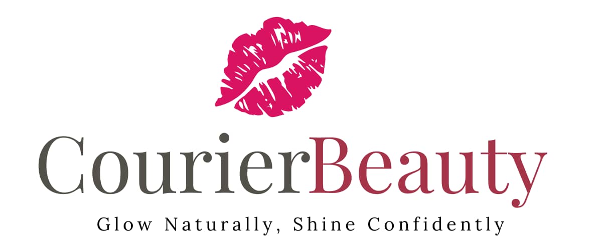 Courier Beauty logo featuring a lip above the brand name, with the tagline “Glow Naturally, Shine Confidently” underneath