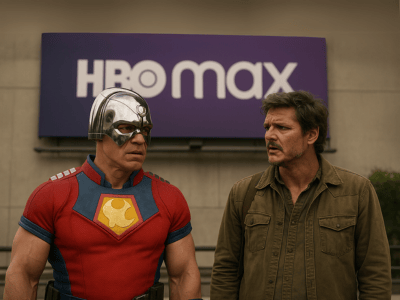 John Cena and Pedro Pascal standing in front of an HBO Max billboard looking confused. 