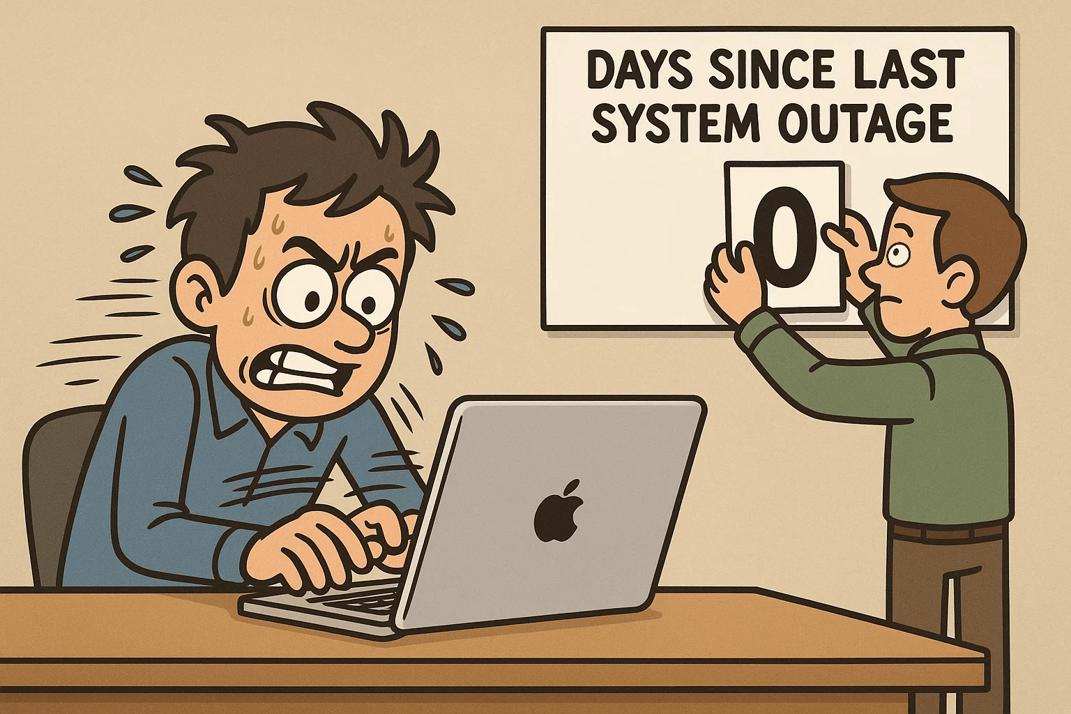 Man frantically working on a MacBook, while second person hangs a zero on a sign below text that reads, "Days since last system outage."
