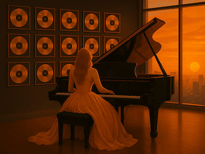 Taylor Swift sitting at a penthouse grand piano with 13 golden records hanging on the wall