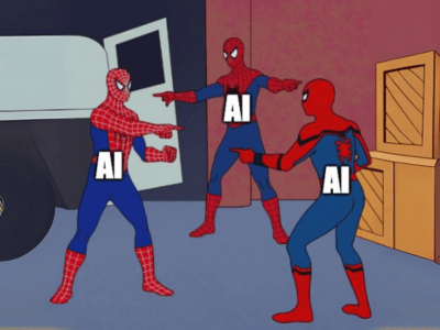 Spiderman Pointing Meme, but it's AI pointing at each other.