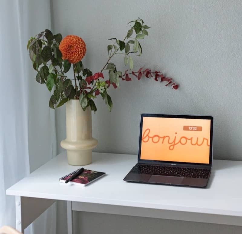 Laptop with "bonjour" on screen next to flowers.