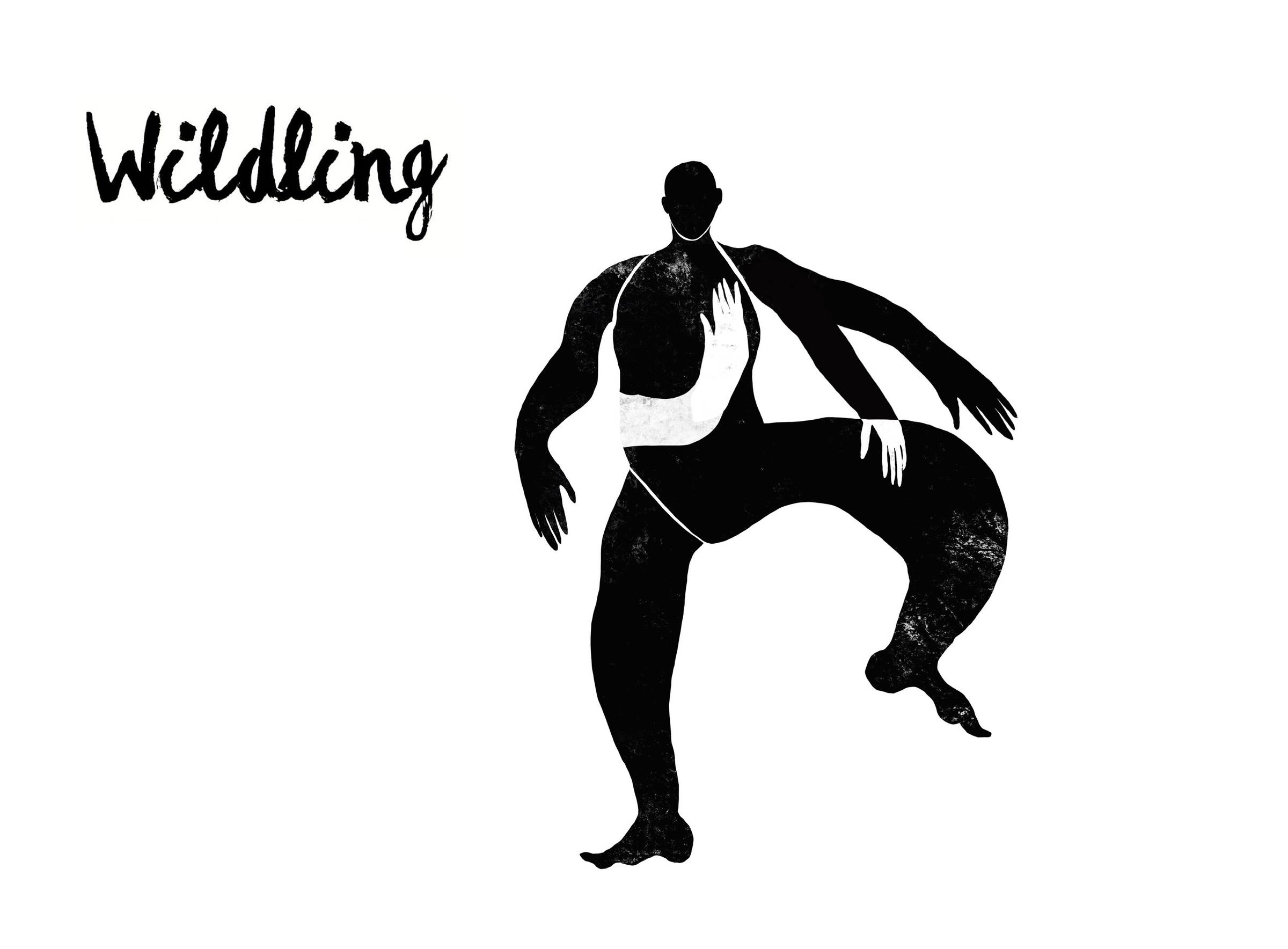 Wildling, a black and white figure, with four arms - dancing.