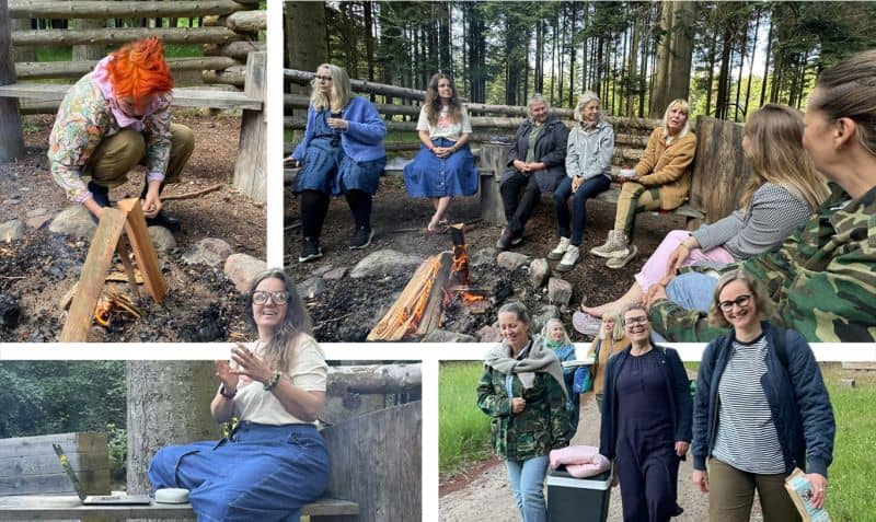 A collage of a group of people, gathering at a bonfire in the forest to establish the association. 
