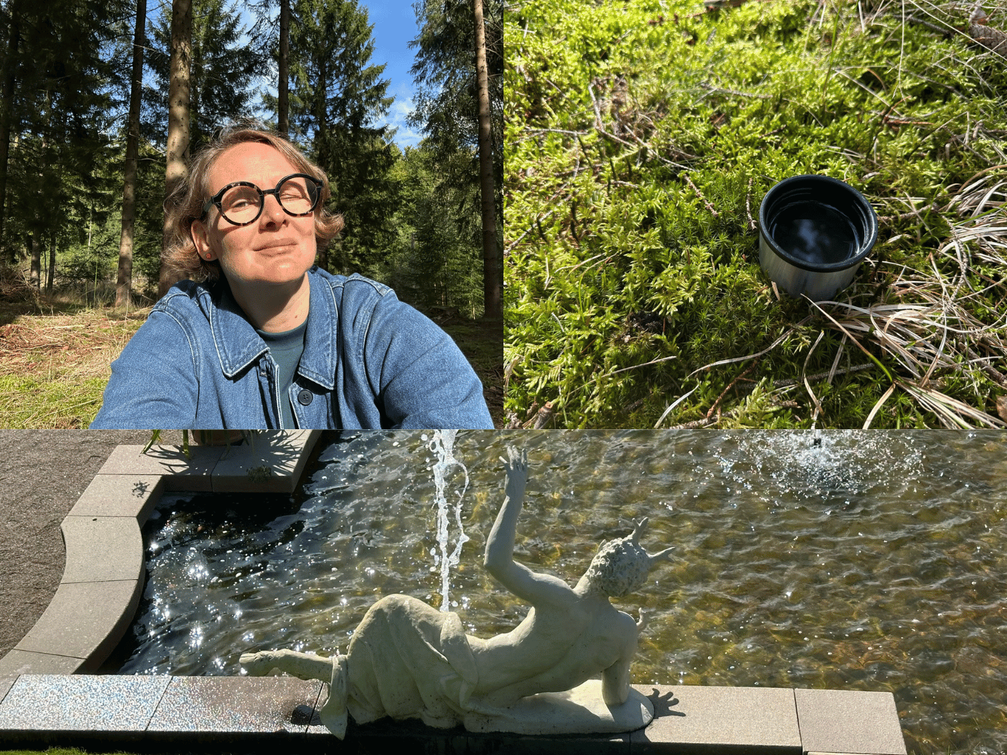 A photo collage of Martina's selfie, a cup of tea on a mossy background and a sculpture in the fountain representing a faun.