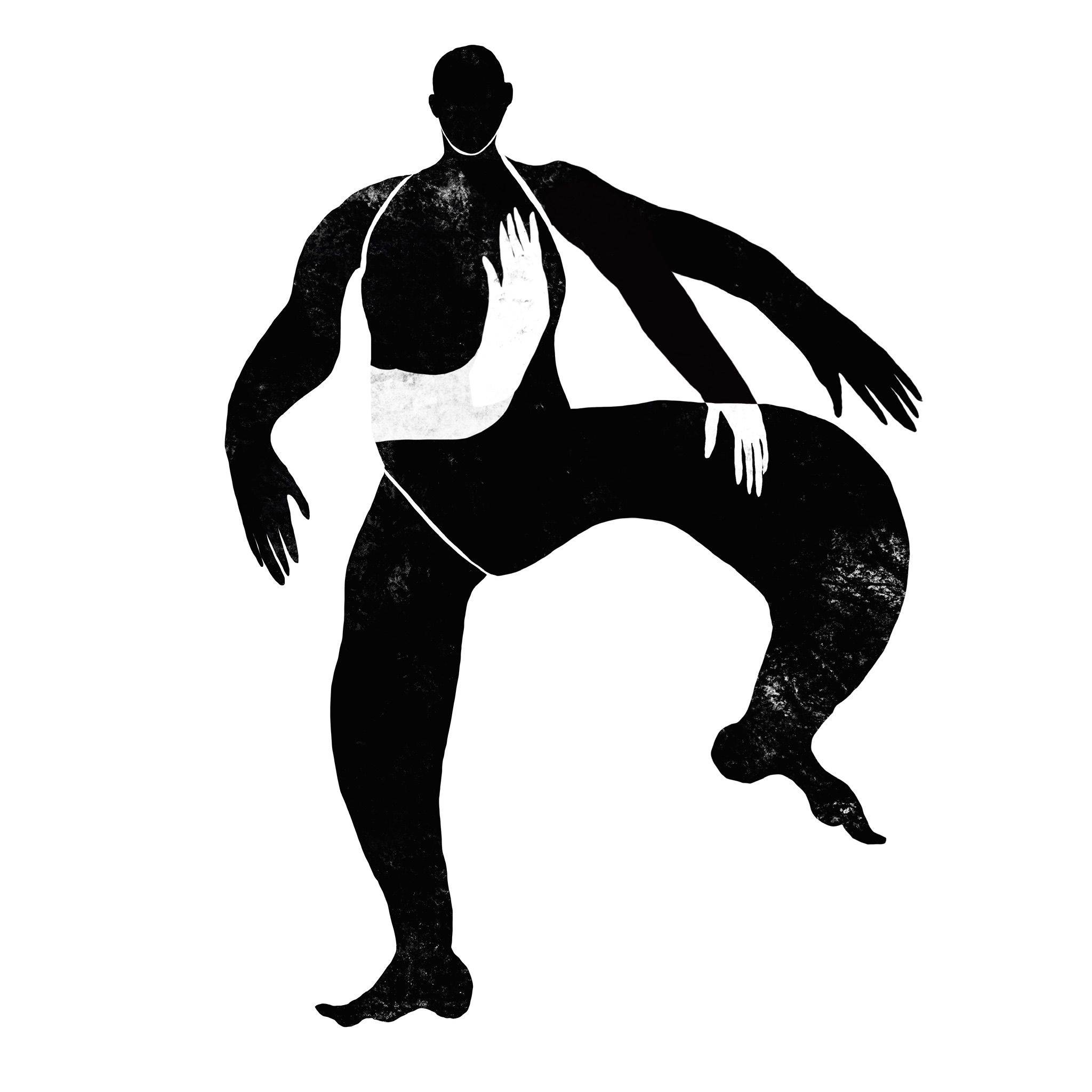 Wildling,a black and white figure, with four arms - dancing.