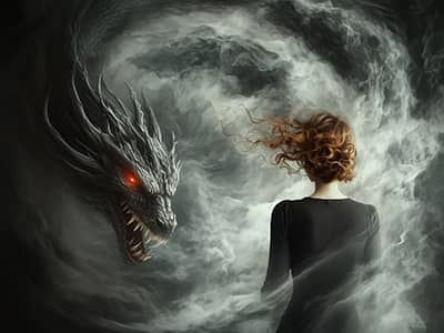 A dragon-like creature with red eyes swirling in smoke around a woman