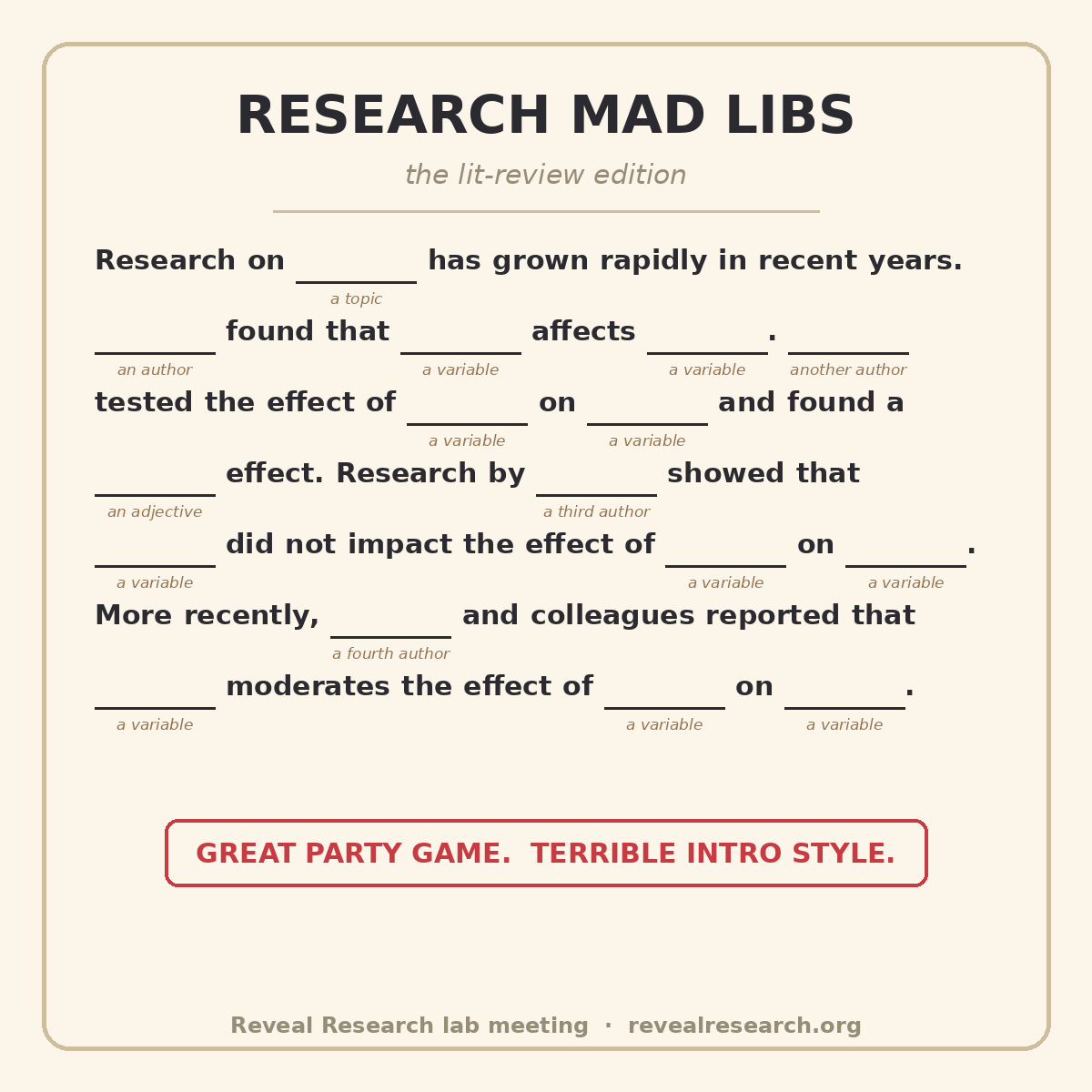 A joke "Research Mad Libs" worksheet showing a literature review written as a fill-in-the-blanks game, with blanks labelled "an author", "a variable" and "an adjective". A red stamp reads "Great party game. Terrible intro style."