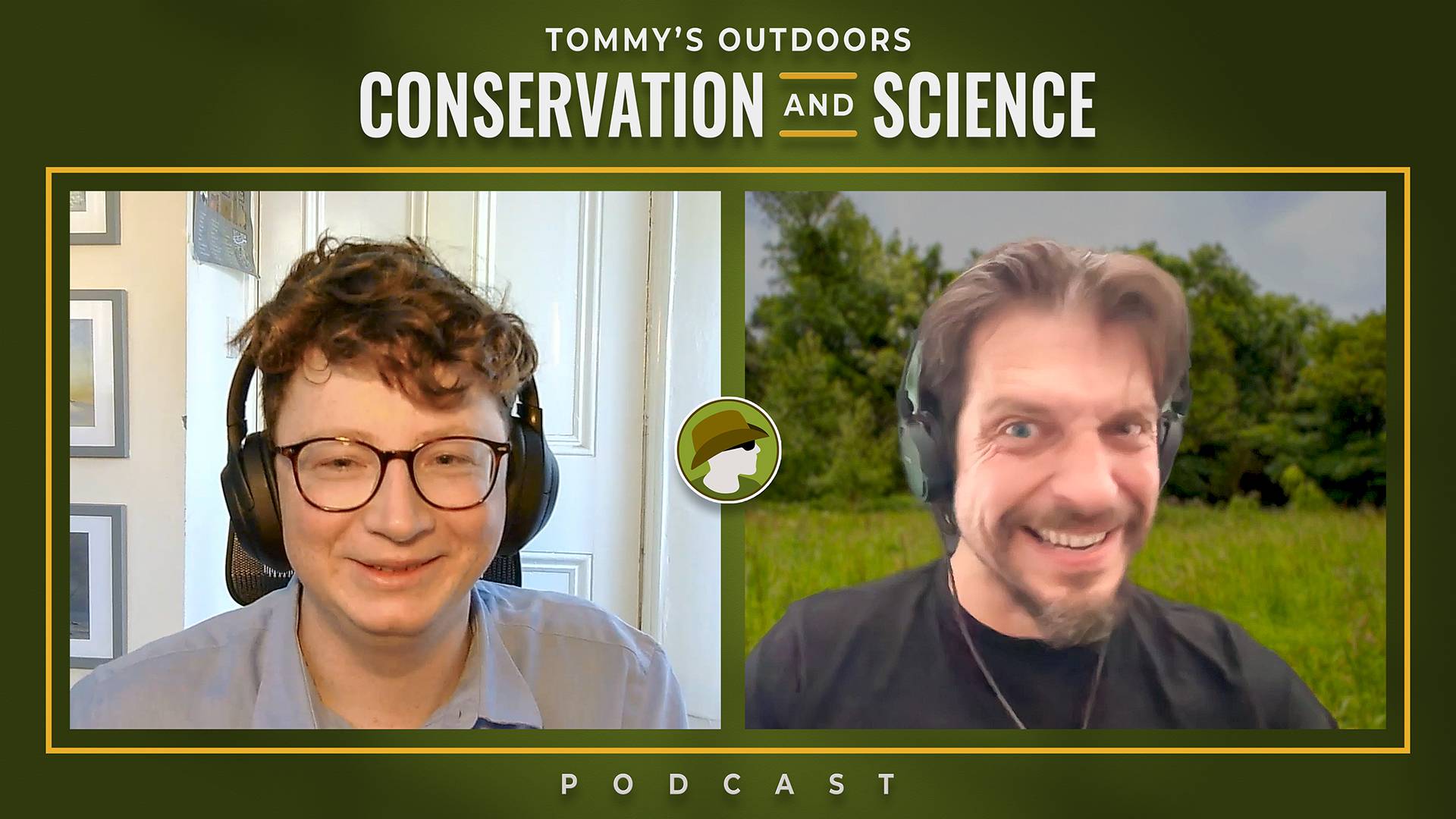 Podcast cover art featuring two men in a split-screen format against a green background. On the left, a young man with curly brown hair wearing black-rimmed glasses and a light blue shirt, speaking into a microphone with headphones on, positioned in what 