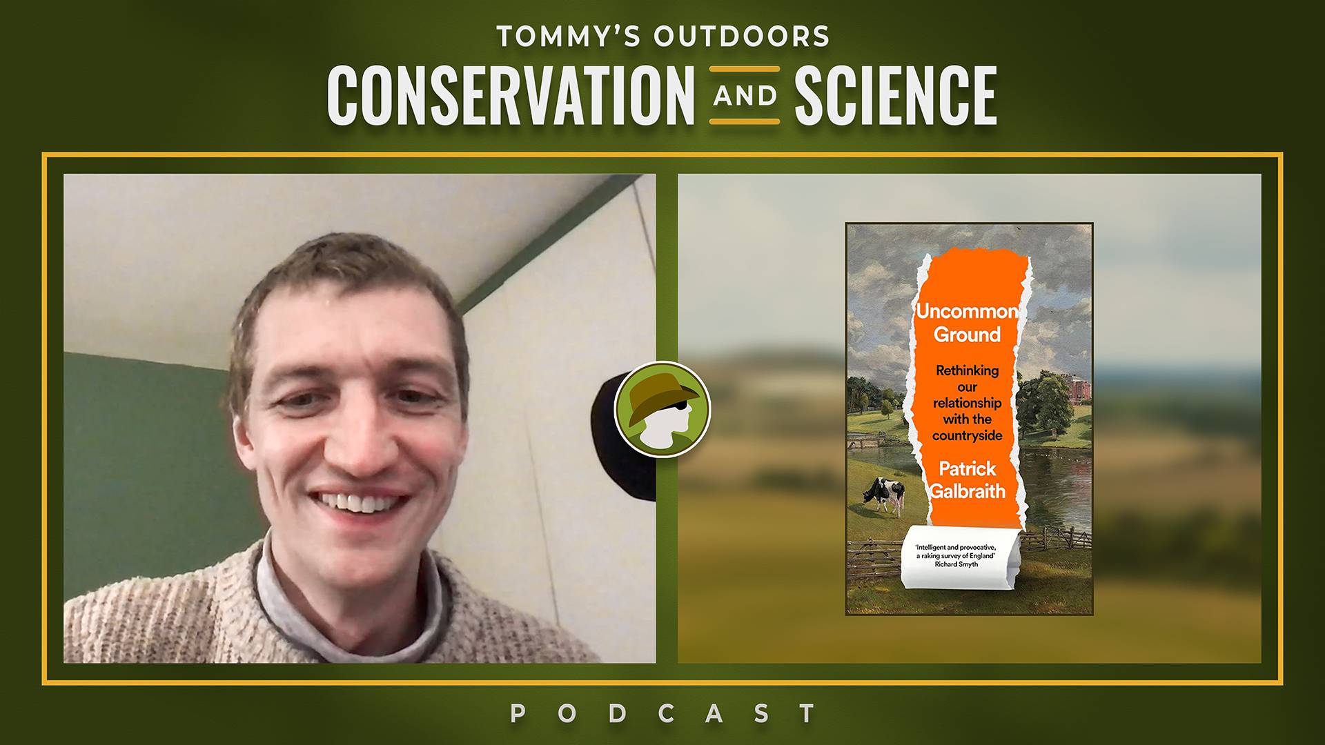 Podcast cover art for "Tommy's Outdoors: Conservation and Science" featuring two panels against a green background with gold border. On the left, a smiling man with short brown hair wearing a cream-coloured knitted jumper appears in a video call setting. 