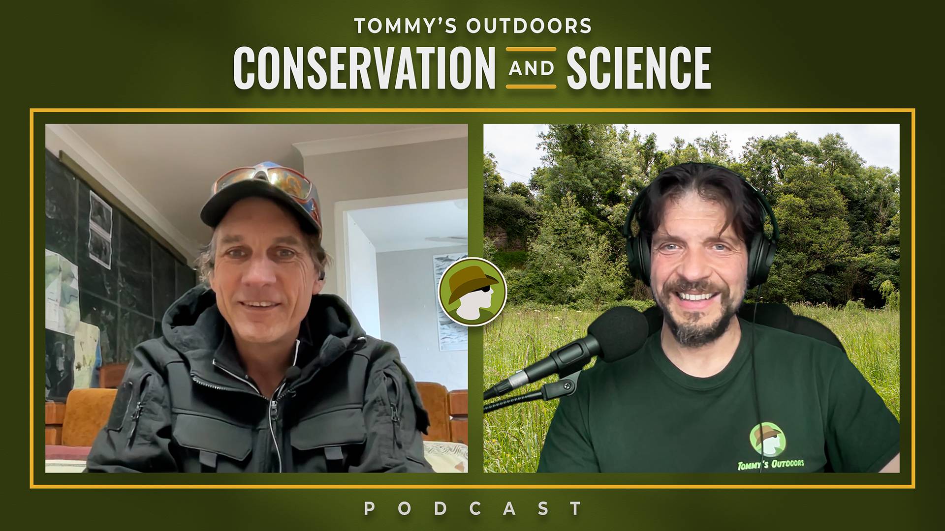 Podcast episode cover art featuring two men in a split-screen format against a green background. On the left, a guest wearing a baseball cap and dark zip-up hoodie sits indoors with framed pictures visible on the wall behind him. On the right, the podcast