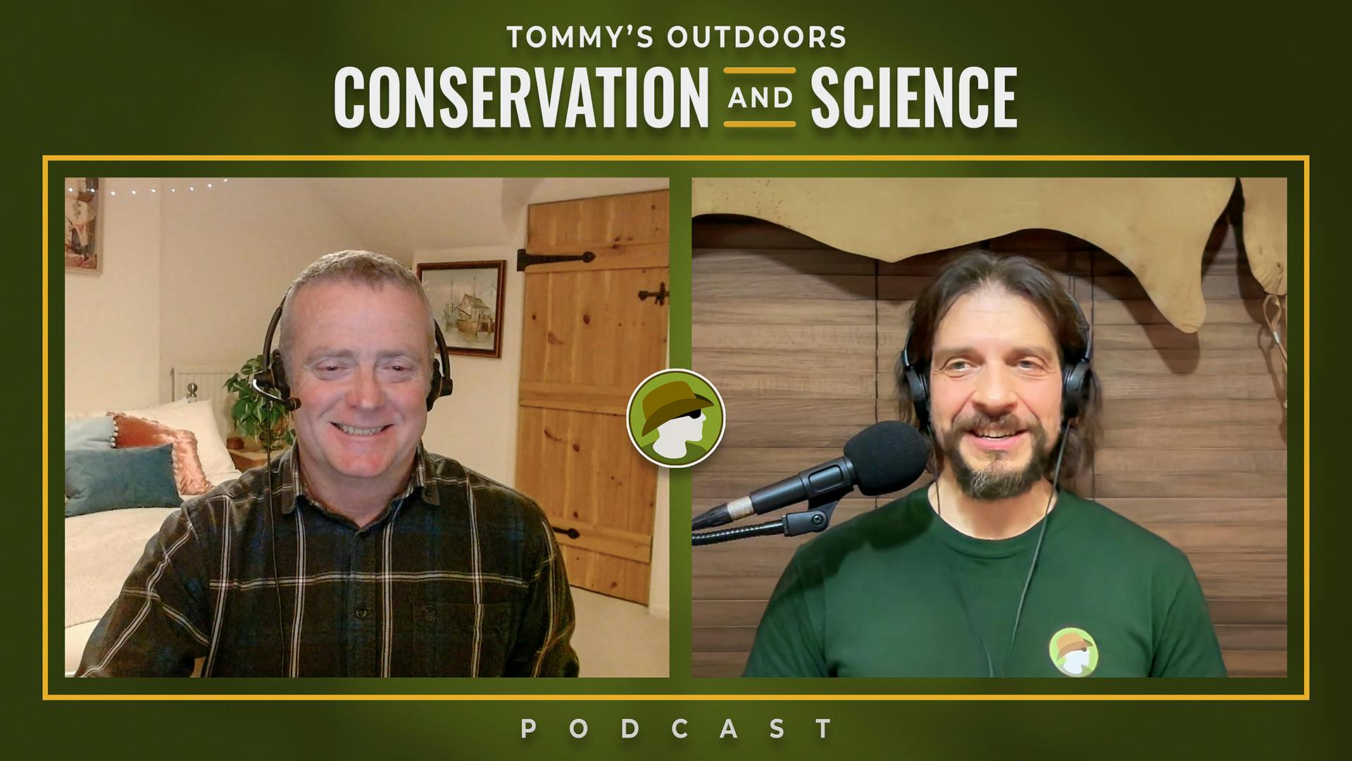 A split-screen podcast recording setup showing two smiling men wearing headphones. On the left, a guest wearing a dark plaid flannel shirt, with grey hair and a cheerful expression. On the right, the podcast host in a forest green jumper, with shoulder-le