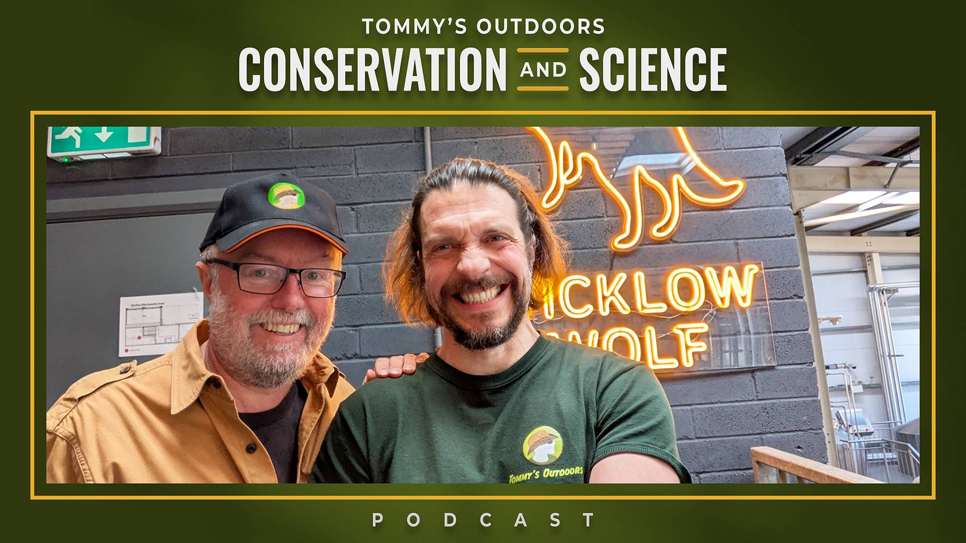 Podcast cover image for "Tommy's Outdoors Conservation and Science Podcast" featuring two smiling men standing side by side against a dark grey brick wall. On the left is the guest, an older gentleman with greying beard and glasses, wearing a black cap wi