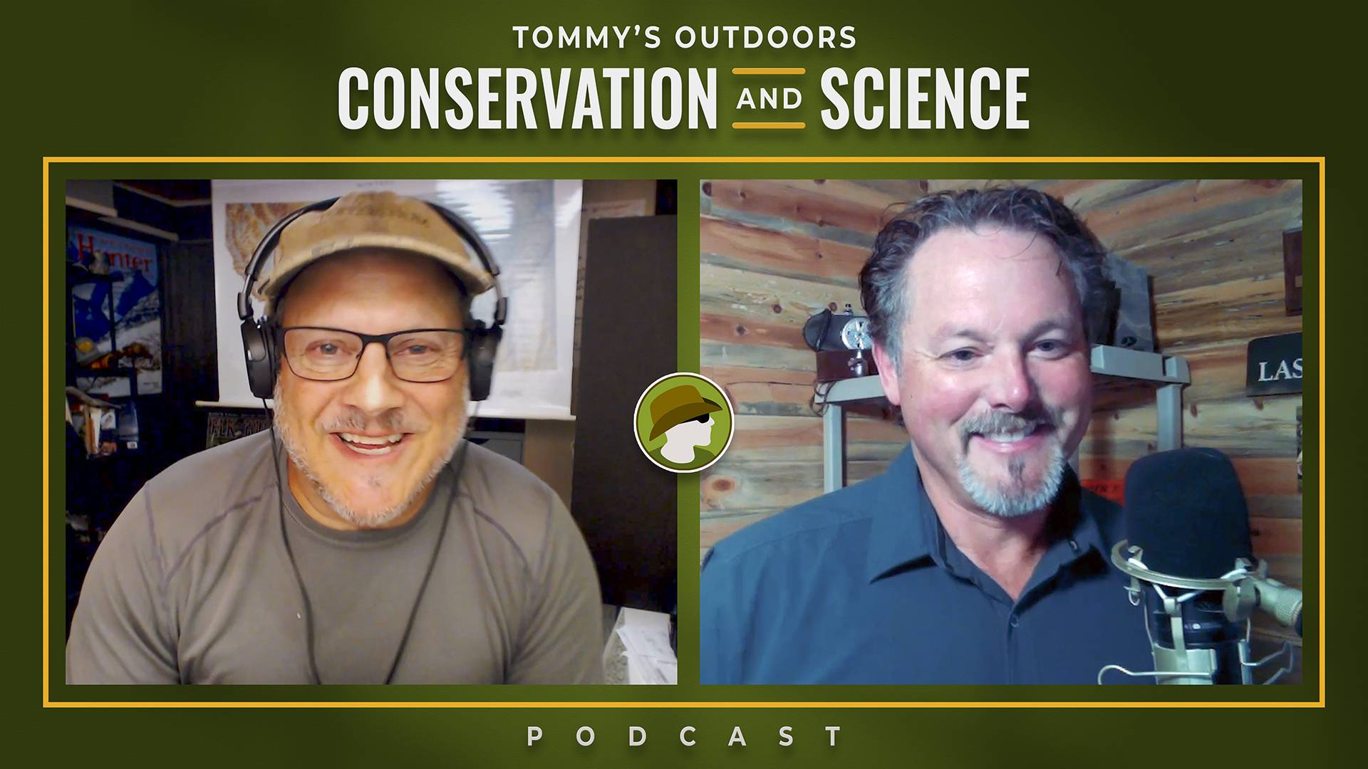 Podcast episode cover art featuring two men in a split-screen video call format. On the left, a guest wearing glasses, a tan baseball cap, and a beige jumper sits in front of bookshelves whilst speaking into a headset microphone. On the right, another gue