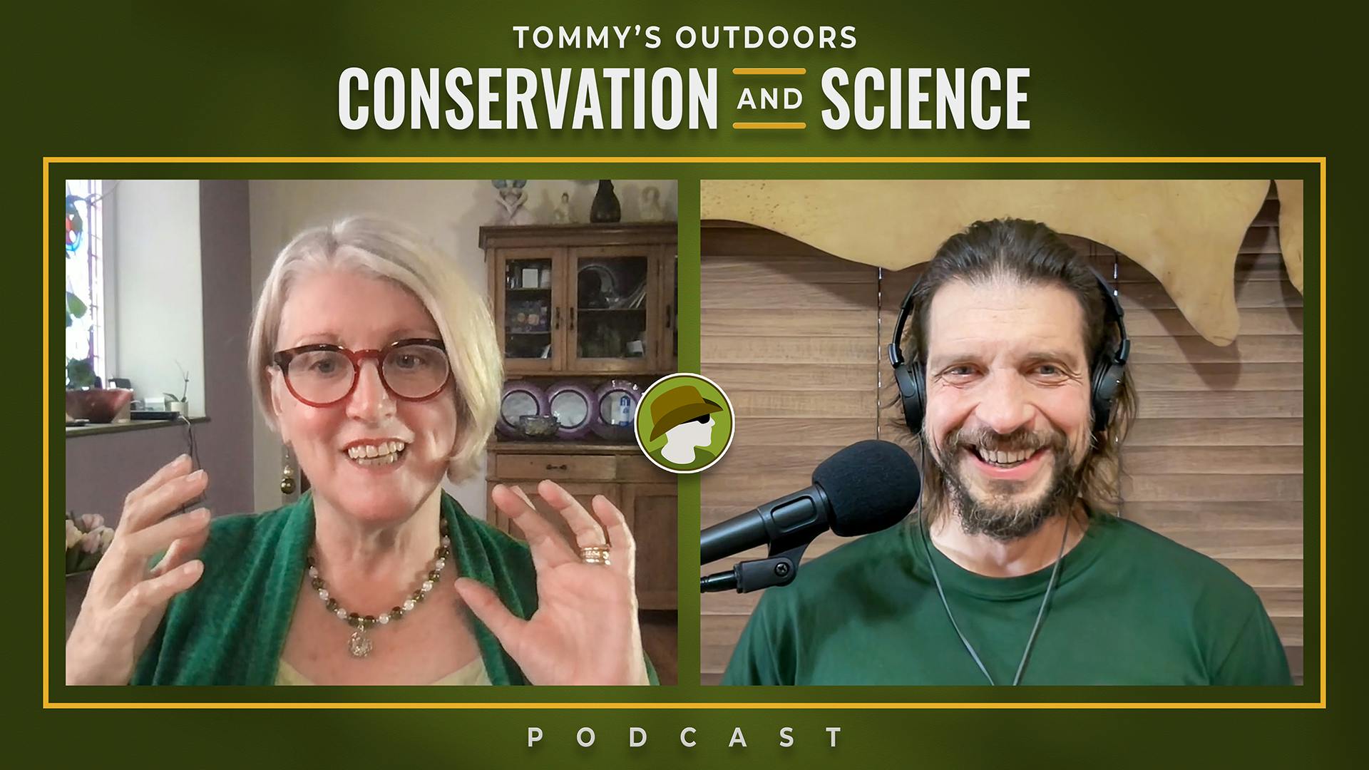 Podcast cover art for "Tommy's Outdoors: Conservation and Science". The image features two people in a split-screen layout. On the left, a middle-aged woman with short blonde hair and red-framed glasses gestures animatedly, wearing a green cardigan and a 