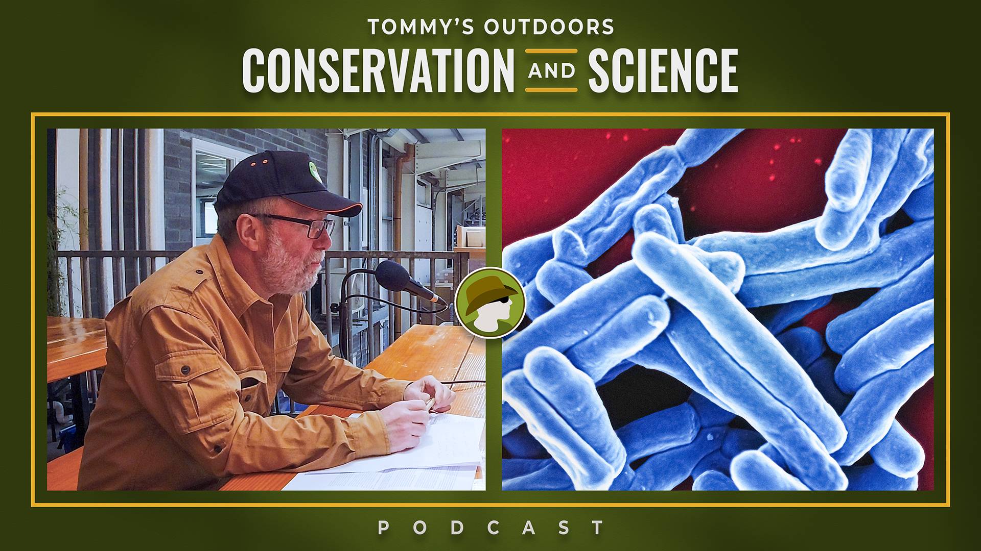Podcast cover art featuring a split-screen layout with two distinct sections. On the left, a bearded man wearing glasses and a black cap sits at a wooden table in what appears to be an indoor setting with large windows, speaking into a podcast microphone.