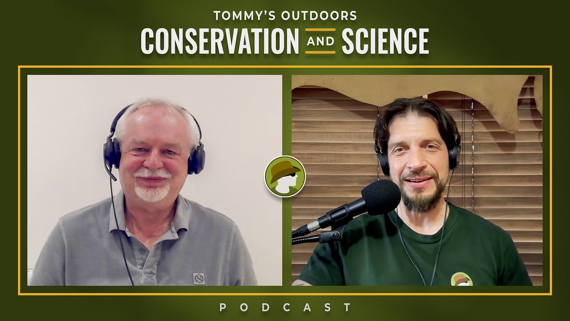 Podcast episode cover art featuring two men in a split-screen video call format. On the left is an older gentleman with white hair and a white beard, wearing a light grey collared shirt and black headphones, smiling warmly against a plain background. On t