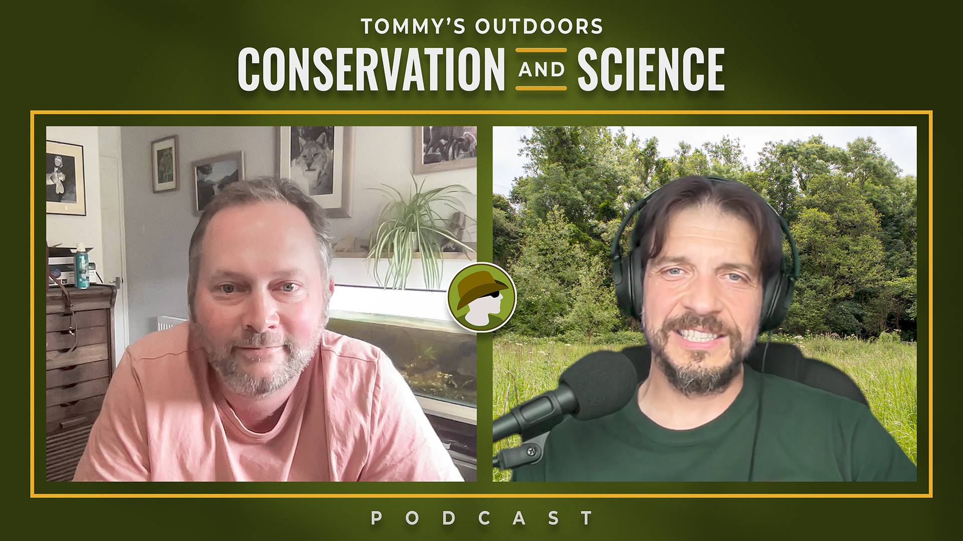 Podcast episode cover featuring two men in a split-screen video call format. On the left, a middle-aged man with greying hair and beard wearing a salmon-coloured t-shirt sits in an indoor setting with framed wildlife photographs visible on the wall behind