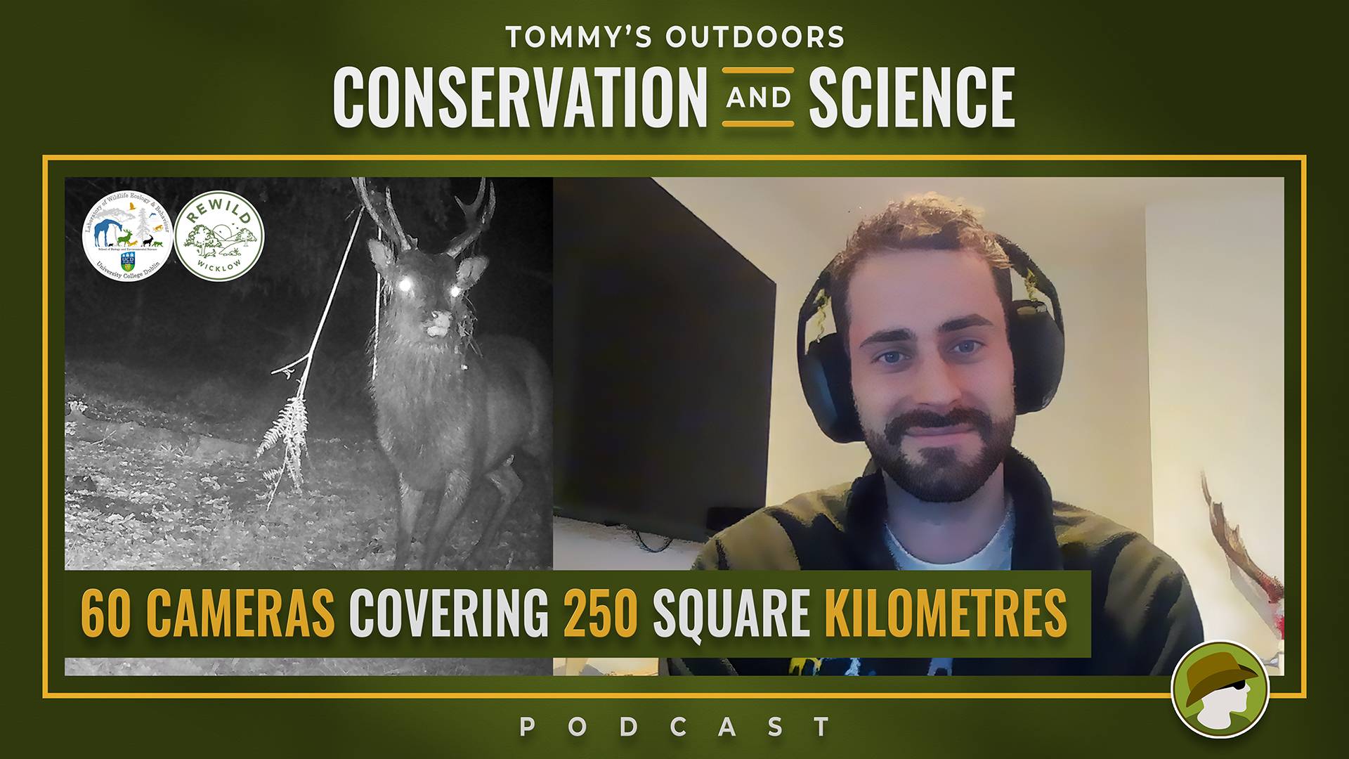 A podcast episode cover for 'Tommy's Outdoors: Conservation and Science'. On the left, a black-and-white night vision trail camera image captures a sika deer stag facing the camera in woodland, its eyes reflecting the infrared light. On the right, a young