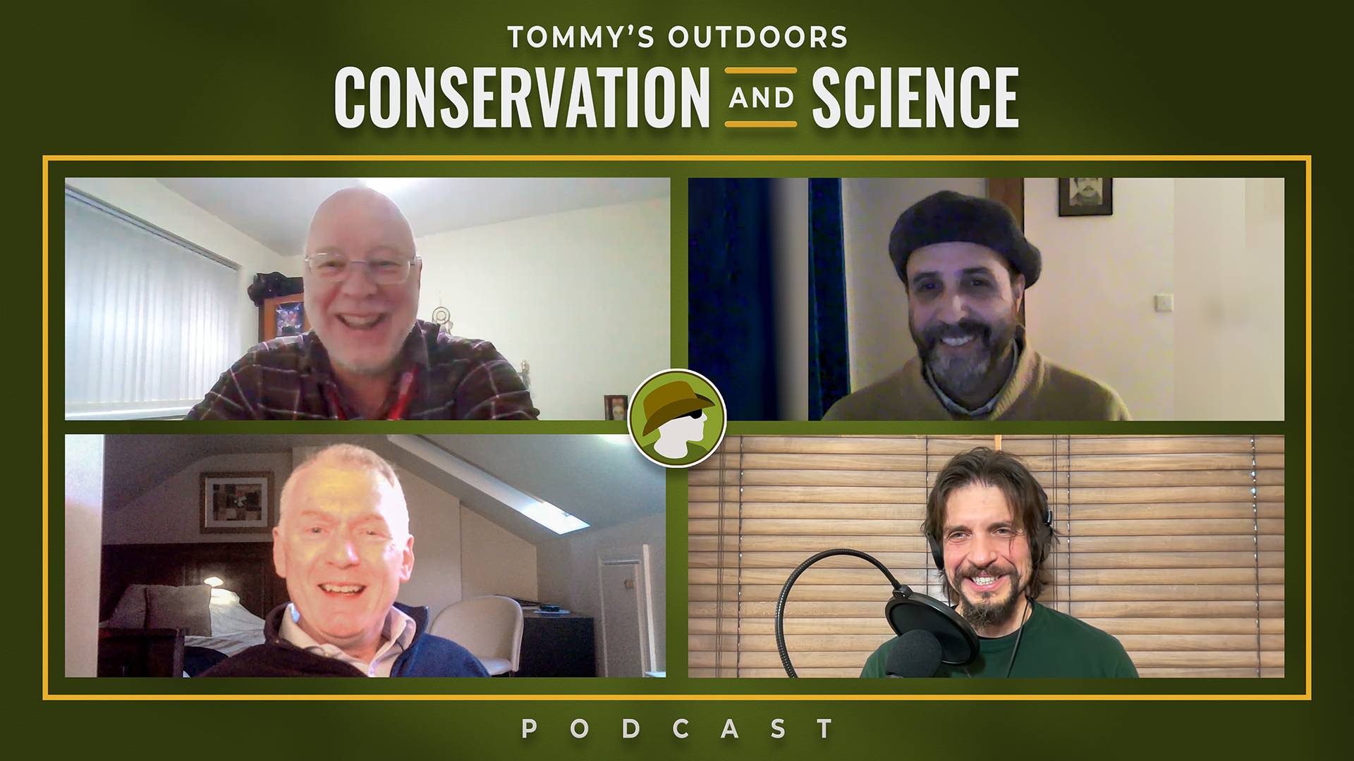 Podcast episode cover art for "Tommy's Outdoors Conservation and Science" featuring four participants in a video call grid layout. The image shows four men in separate video chat windows: top left shows an older gentleman with glasses and a plaid shirt in what appears to be a home office; top right displays a bearded man wearing a dark beanie in an indoor setting; bottom left features another older gentleman with glasses in a well-lit room; and bottom right shows a man with shoulder-length hair wearing headphones and a green jumper, positioned in front of wooden blinds. The overall design has a green colour scheme with yellow accent borders framing the video grid, maintaining the outdoor/nature theme of the podcast series.