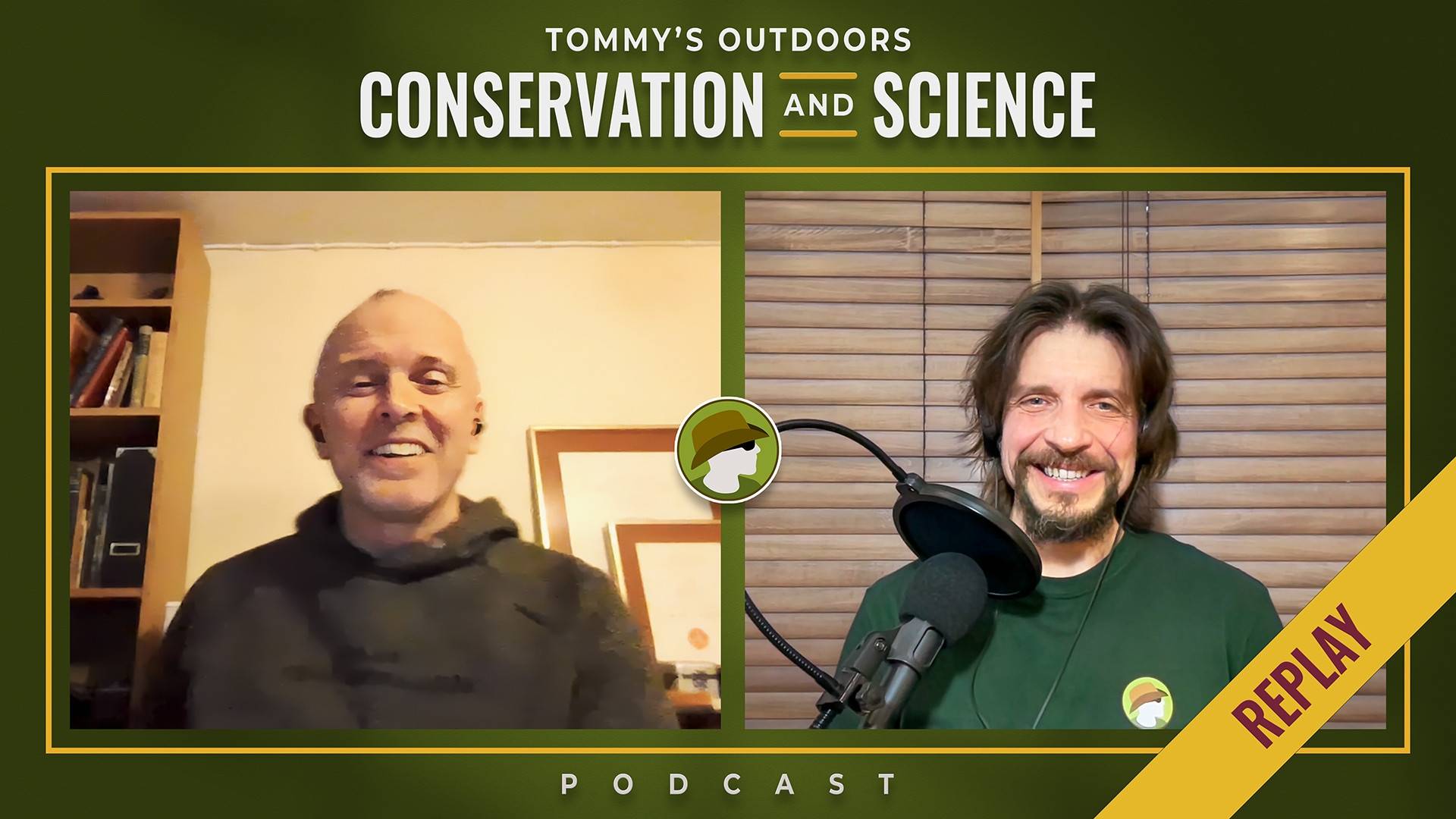 Podcast episode cover art featuring two men in a split-screen format against a dark green background. On the left, a smiling bald guest wearing a dark grey hoodie sits in front of bookshelves in what appears to be a home office or study. On the right, the podcast host with shoulder-length brown hair and facial hair grins whilst seated at a professional microphone setup, wearing a green jumper. He's positioned against wooden venetian blinds. A yellow diagonal banner reading "REPLAY" appears in the bottom right corner, indicating this is a re-broadcast episode.