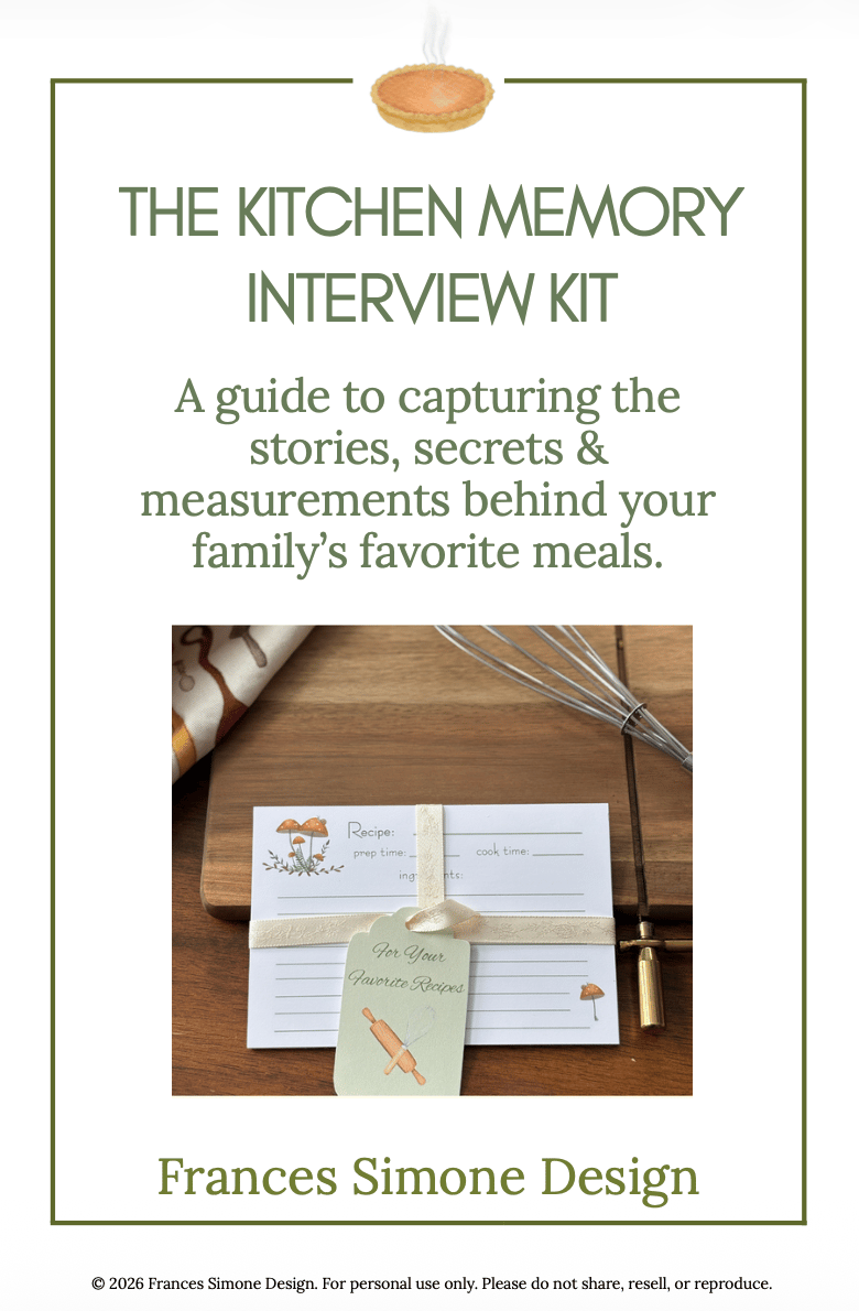 Hand illustrated Kitchen Memory Kit recipe prompt cards styled with a whisk, Frances Simone Design