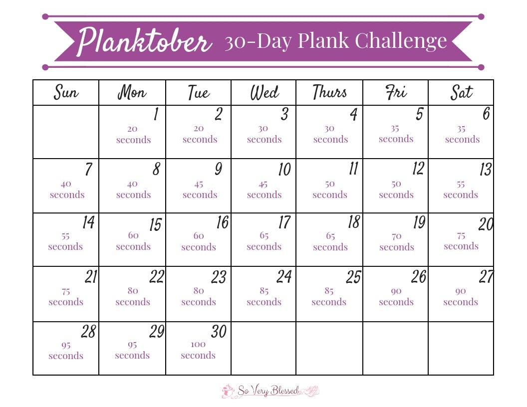 30 day plank challenge printable calendar