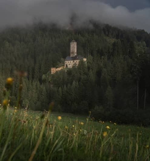 Castle on a forested mountain under cloudy skies.