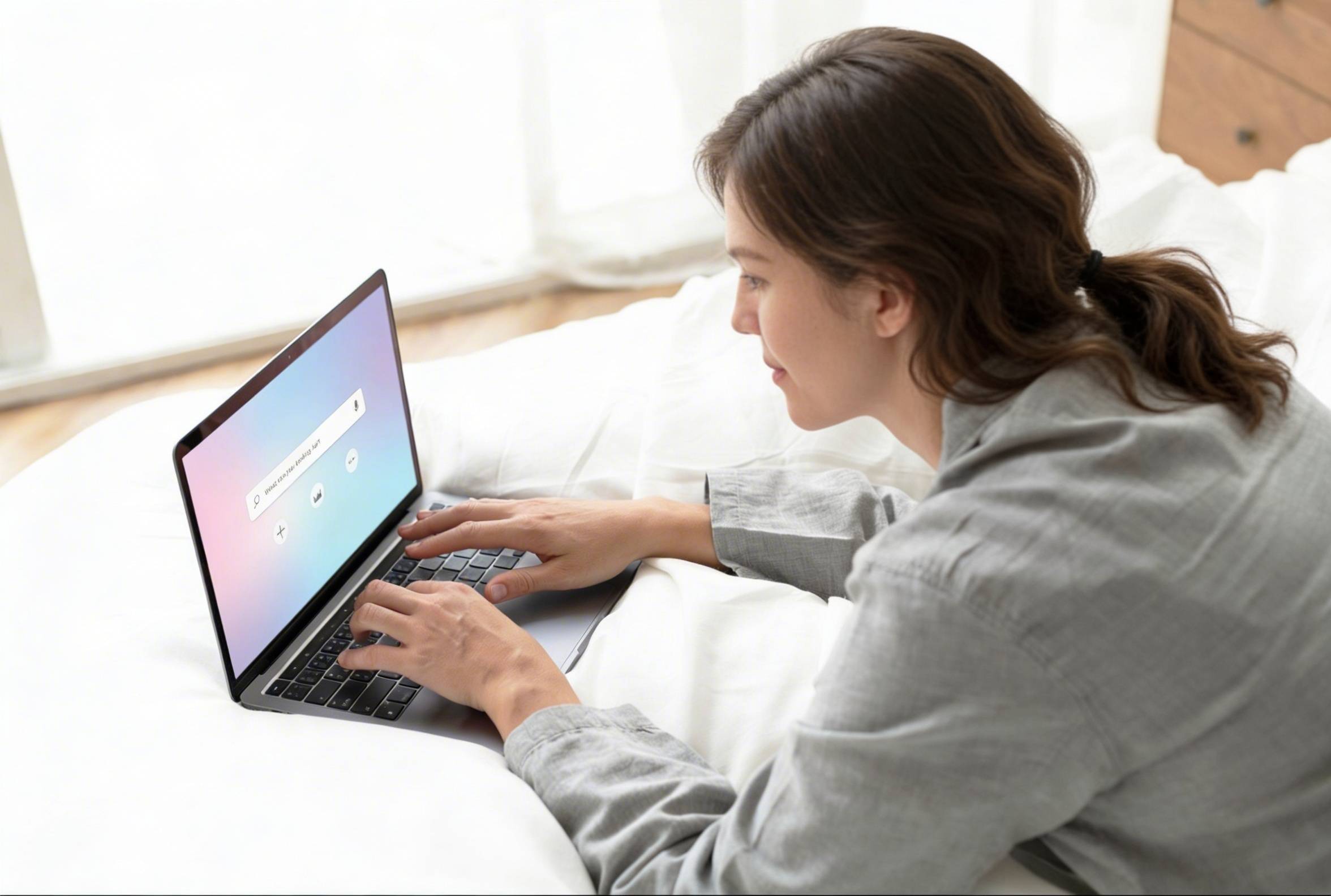 Jovem mulher a pesquisar em ferramenta de IA em portátil, ilustrando optimização para motores de pesquisa generativos