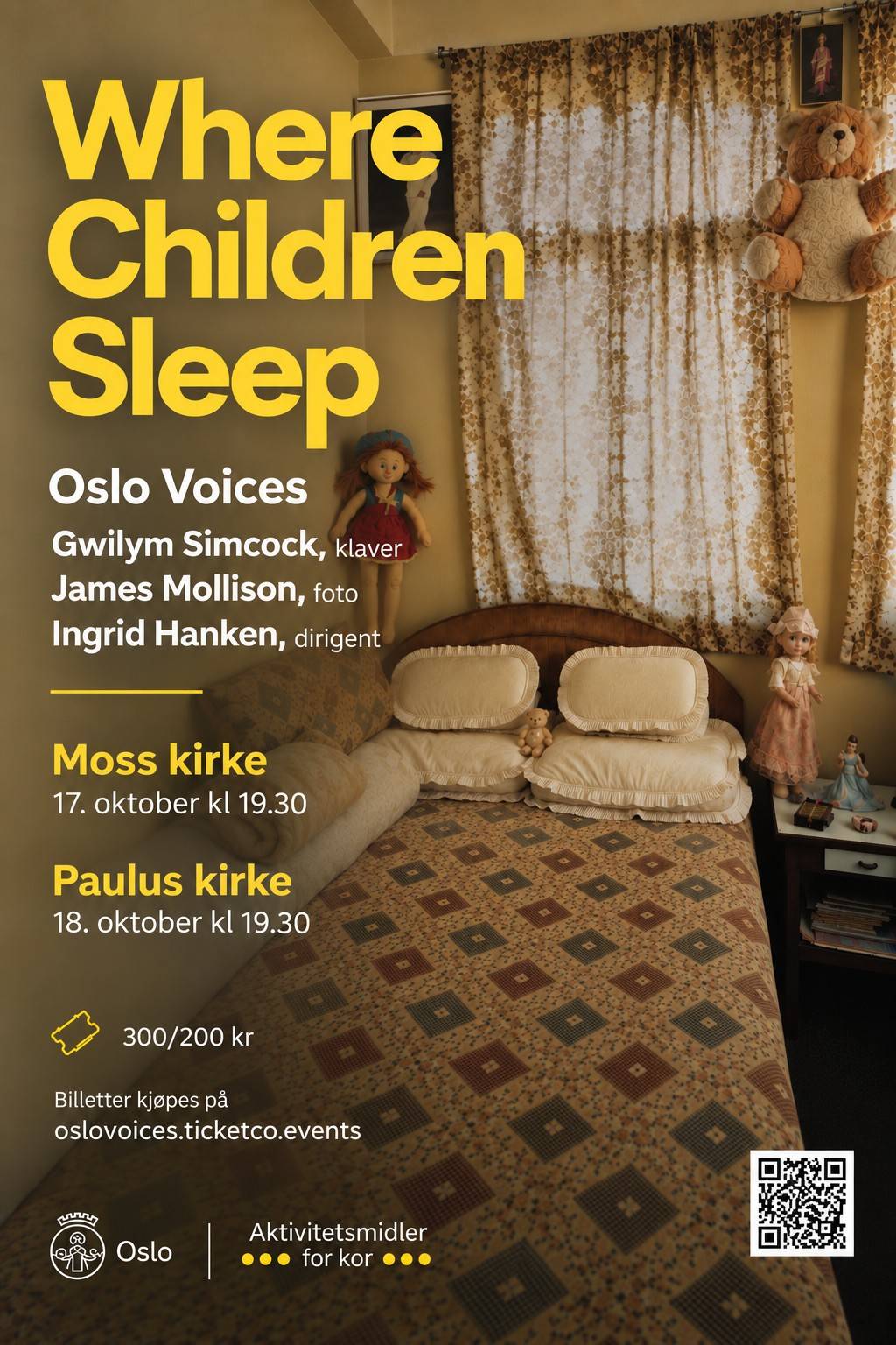 poster for concert with Oslo Voices, foto of a bed and childrens toys.