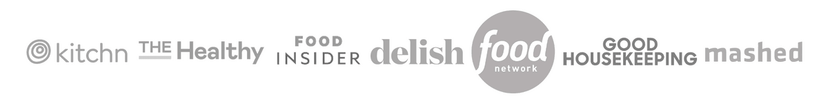 Media logos including Kitchn, The Healthy, Food Insider, Delish, Food Network, Good Housekeeping, and Mashed.