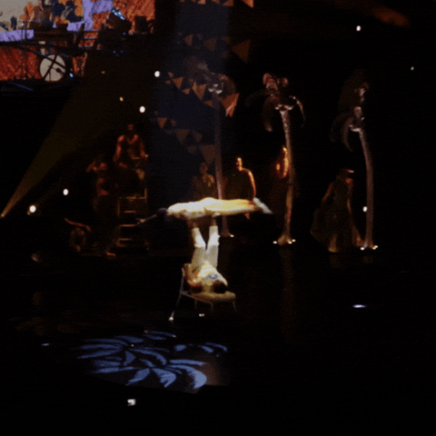 A meme of two acrobats from ‘Auana. One acrobat is lying on his back with his feet up in the air. His partner lays flat with this abdomen balancing on his partner’s feet while he gets spun around. 