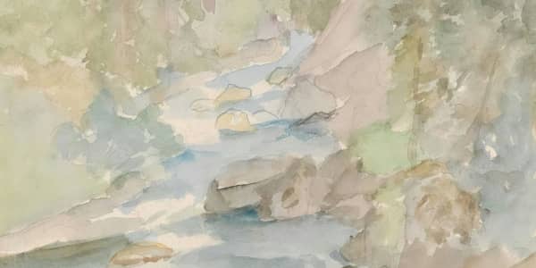 water color of a river through the mountains