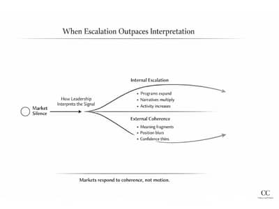 Minimal black-and-white diagram titled “When Escalation Outpaces Interpretation.” A circle labeled “Market Silence” leads to a fork under “How Leadership Interprets the Signal.” The upper line, “Internal Escalation,” curves upward with notes: programs exp