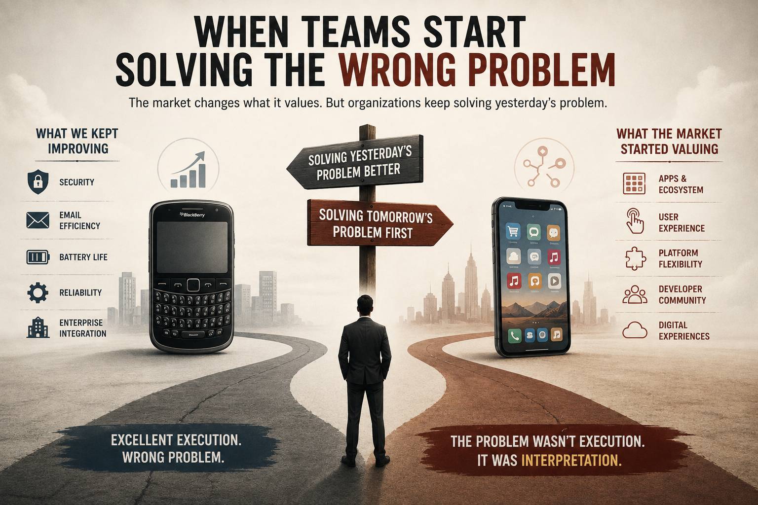 Editorial illustration showing a business leader at a forked road between BlackBerry’s traditional strengths, including security, email efficiency, battery life and reliability, and the smartphone market’s shift toward apps, user experience, platform flex