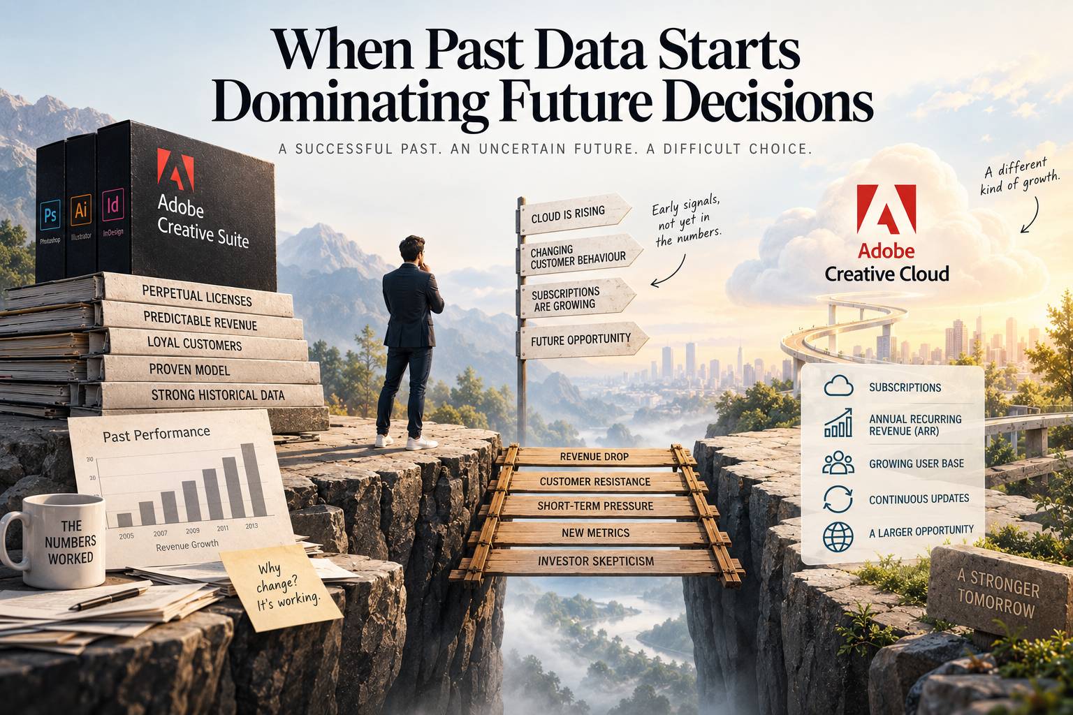 Adobe Creative Suite and historical performance data sit on one side of a divide, while Creative Cloud represents the future, illustrating the difficult shift from proven past performance to an uncertain subscription model.