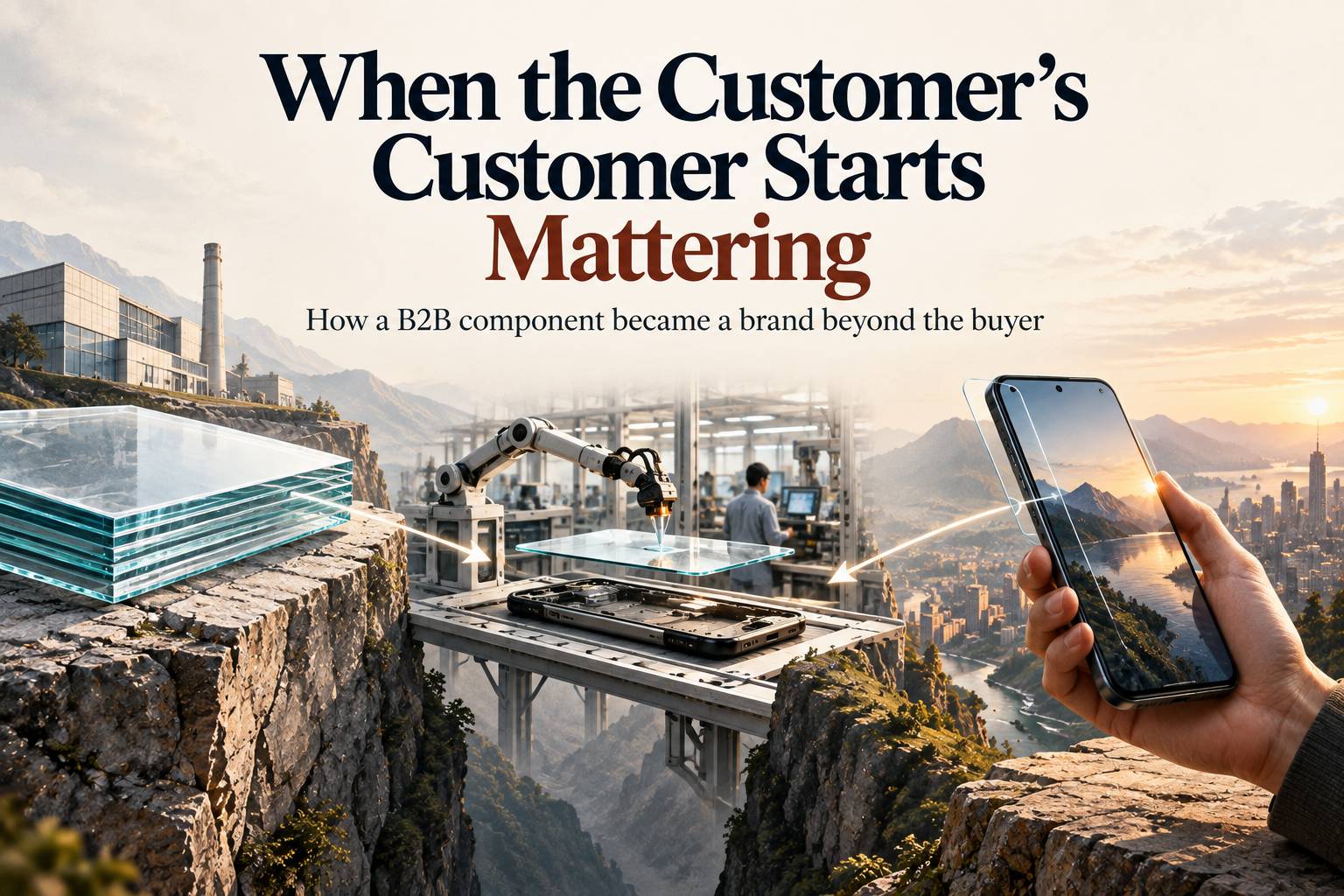 Editorial diagram showing Corning as the material supplier, Gorilla Glass moving to a device manufacturer for smartphone production, and the finished device reaching the end customer who recognizes the Gorilla Glass name.