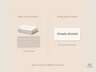 Split visual showing two moments side by side, on the left a stack of papers labeled ‘When teams explain’ with the line ‘Still explaining,’ on the right a single card reading ‘Already decided’ under ‘When buyers decide,’ with the caption ‘Same moment. Dif