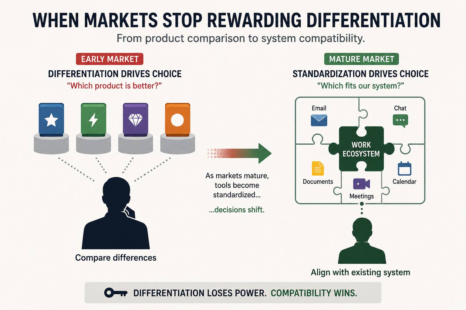 Minimal infographic showing a shift in B2B software buying behavior. On the left, multiple standalone communication tools are compared individually under the question “Which product is better?” On the right, communication tools are integrated into a singl