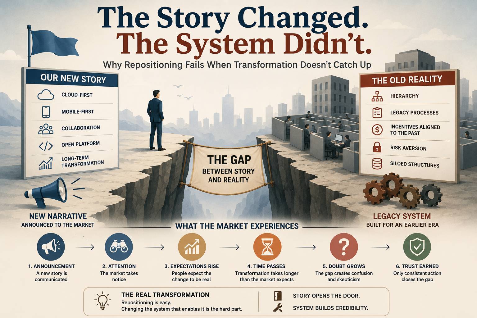 Editorial infographic showing the gap between a company’s new positioning and its old operating system, illustrating how lasting transformation requires internal systems and behaviors to catch up with the story.