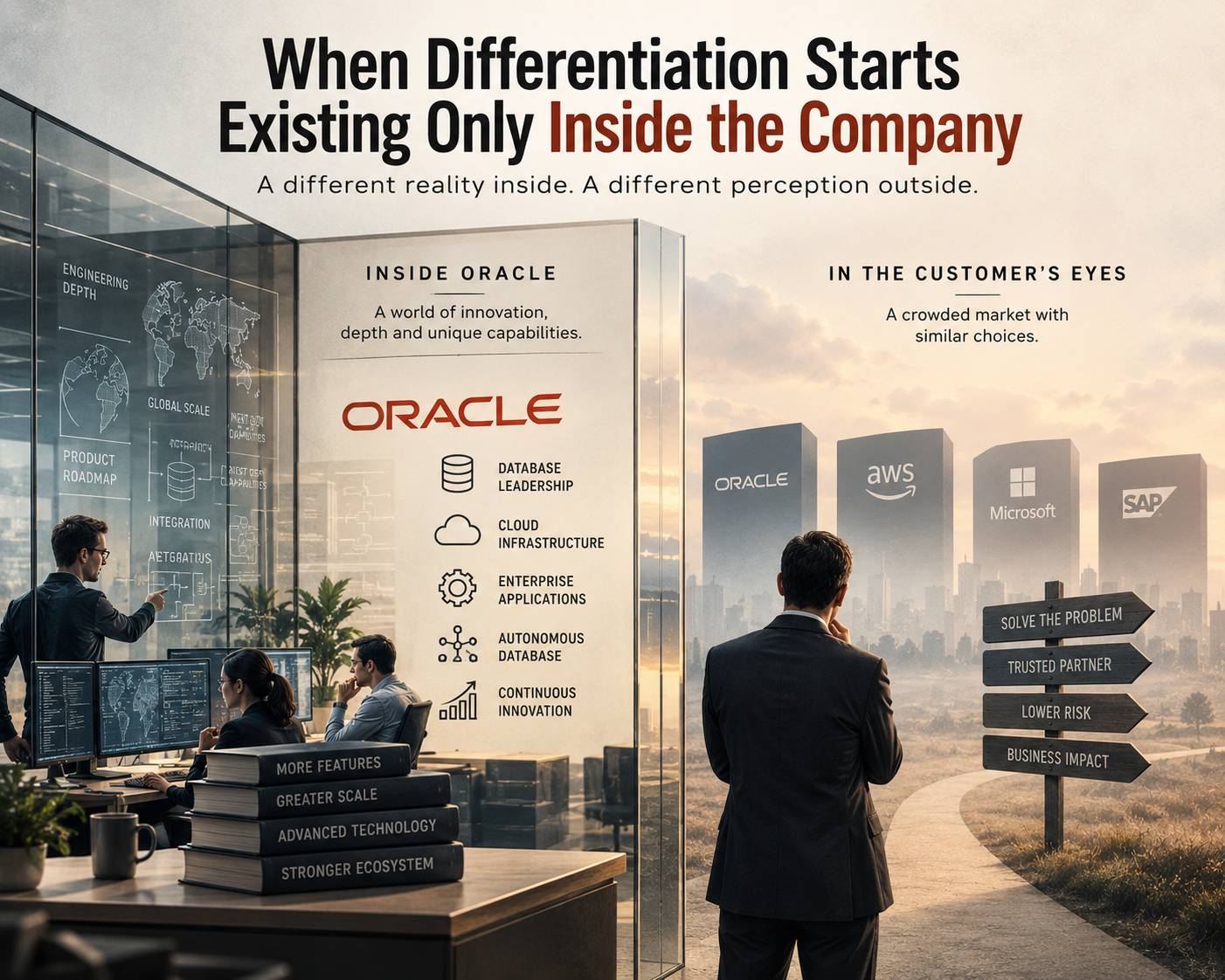 Editorial diagram for “When Differentiation Starts Existing Only Inside the Company,” showing Oracle’s extensive internal innovation contrasted with a market where buyers see similar enterprise technology choices.