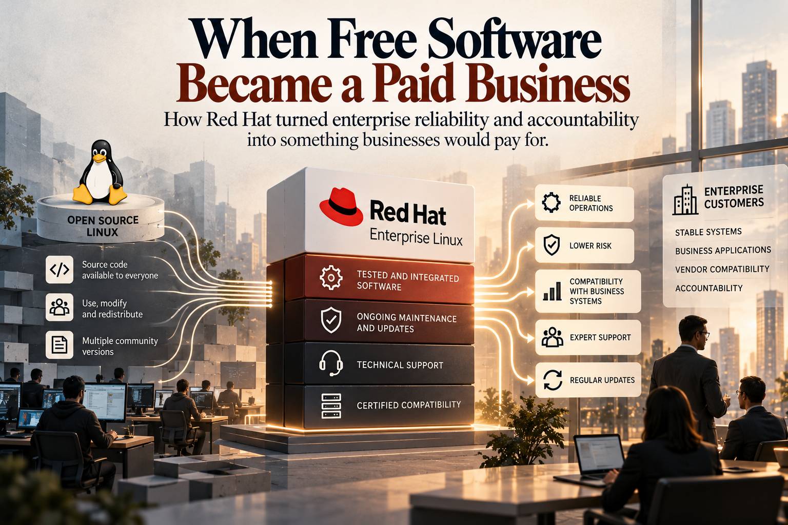 Editorial diagram showing how Red Hat transformed open-source Linux into a paid enterprise offering through tested software, ongoing maintenance, technical support and certified compatibility, connecting freely available technology to enterprise business 