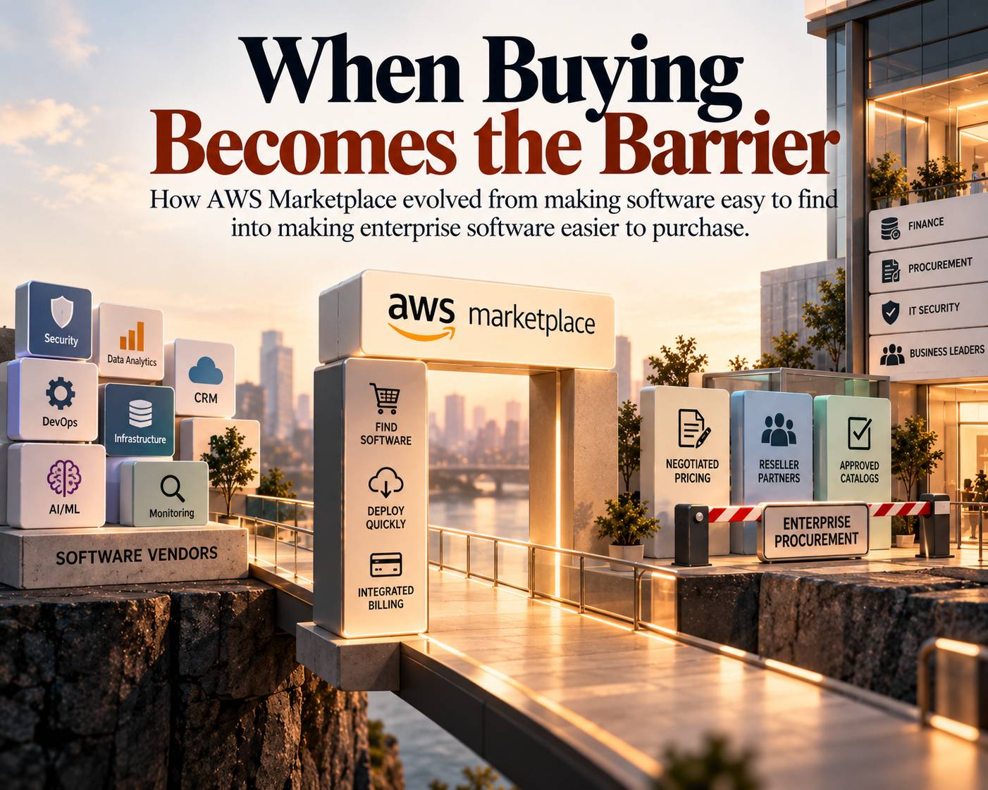 Editorial diagram showing AWS Marketplace connecting software vendors with enterprise buyers through software discovery, deployment and integrated billing, alongside negotiated pricing, reseller partnerships, approved catalogs and procurement approvals.