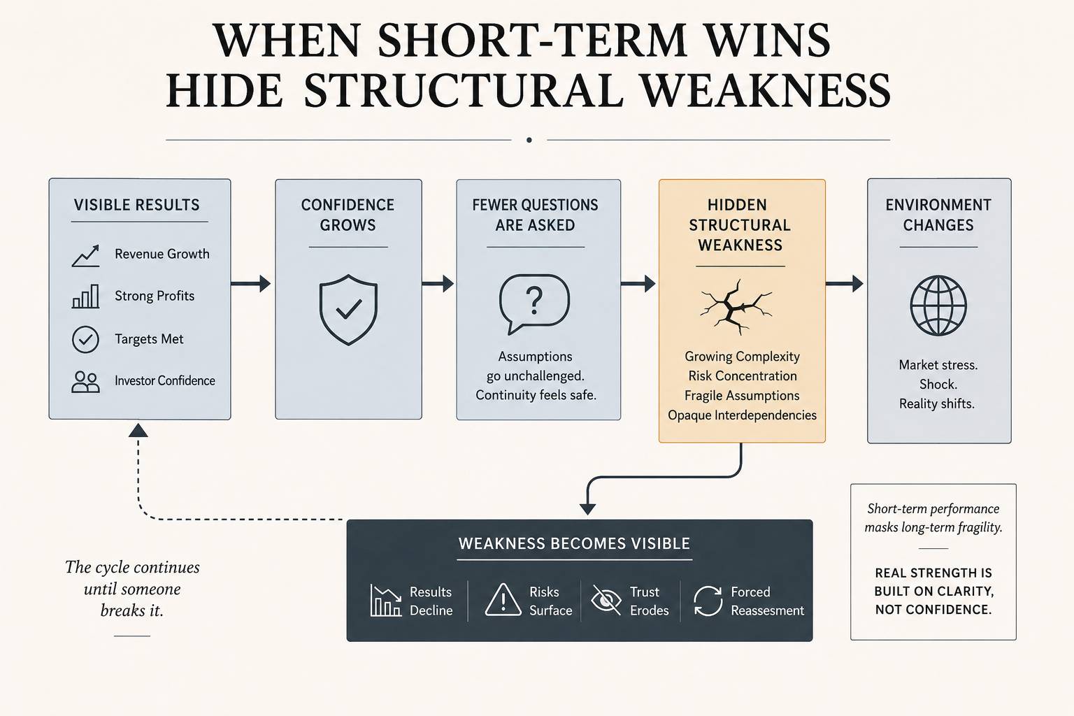 Editorial infographic illustrating how strong business performance can conceal structural weakness. A clean flow diagram shows the progression from strong results and growing confidence to fewer questions, hidden complexity, changing market conditions, an
