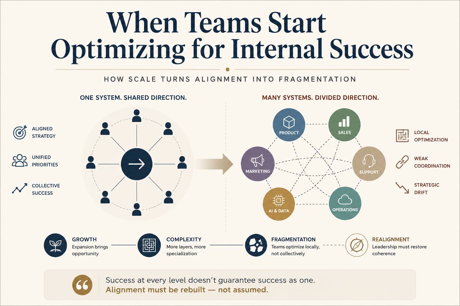 A minimalist editorial infographic titled "When Teams Start Optimizing for Internal Success" with the subtitle "How Scale Turns Alignment Into Fragmentation." The left side shows a unified organization: eight people connected around a central arrow, repre