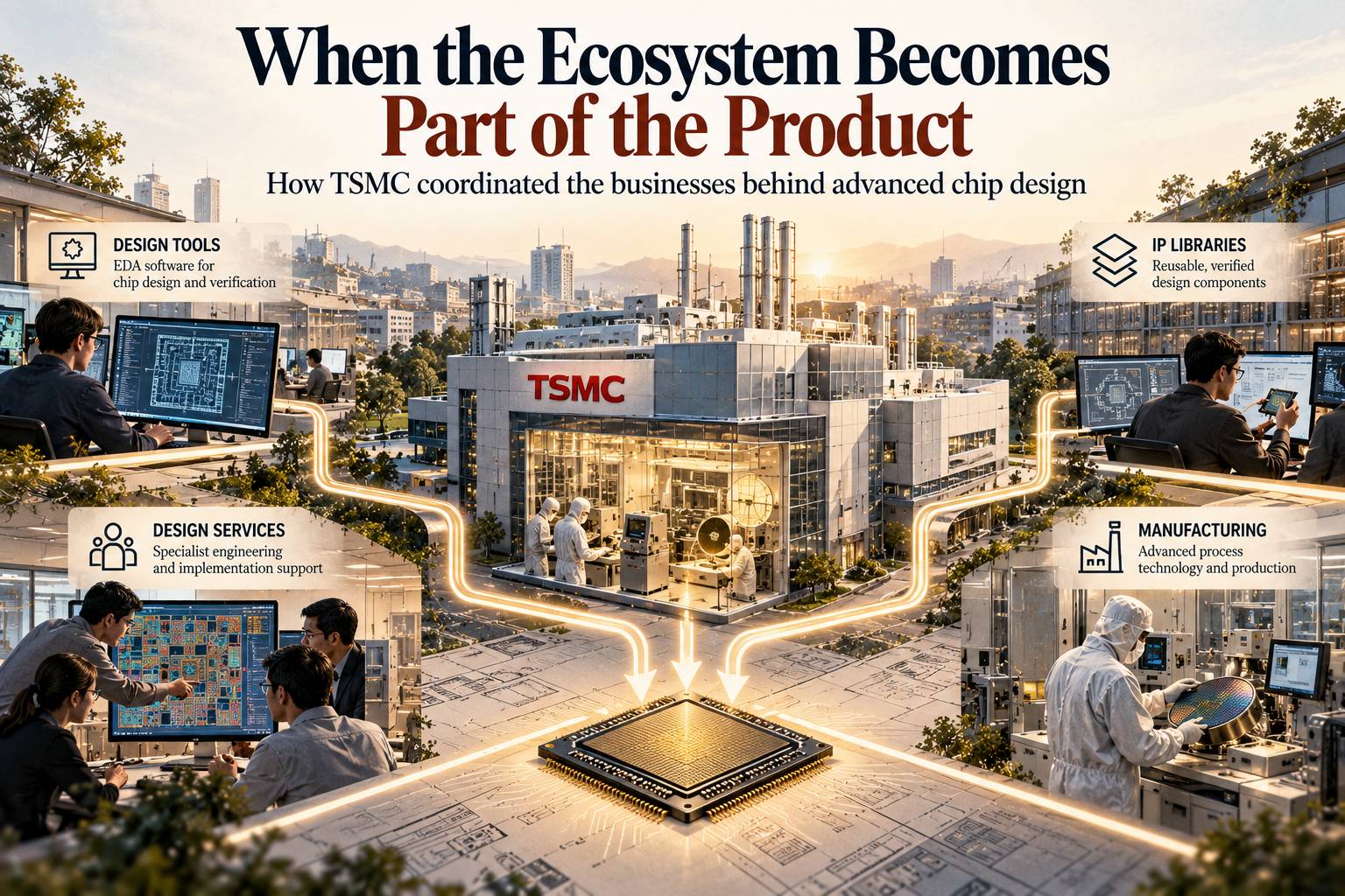 Editorial diagram showing TSMC's semiconductor manufacturing facility connected to chip design tools, IP libraries, specialist engineering services and manufacturing processes, with pathways converging on a finished microchip.