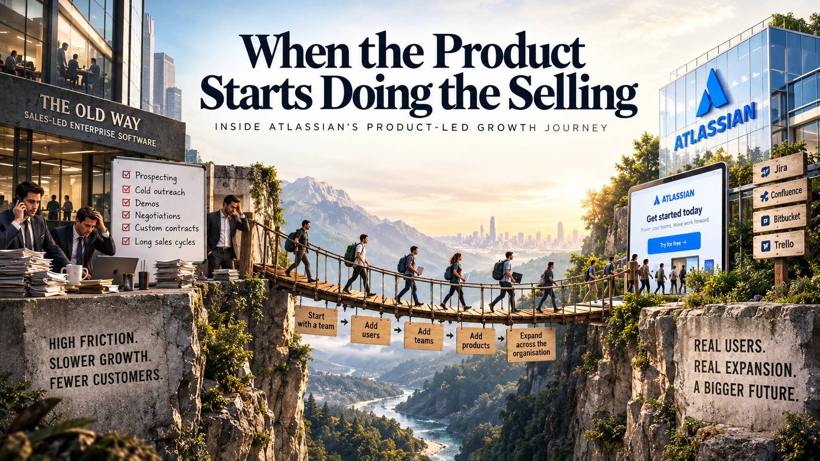 Landscape illustration showing Atlassian’s B2B growth model. On the left, a traditional enterprise software sales process includes prospecting, demos, negotiations and long sales cycles. A bridge shows customers progressing from one team to more users, te