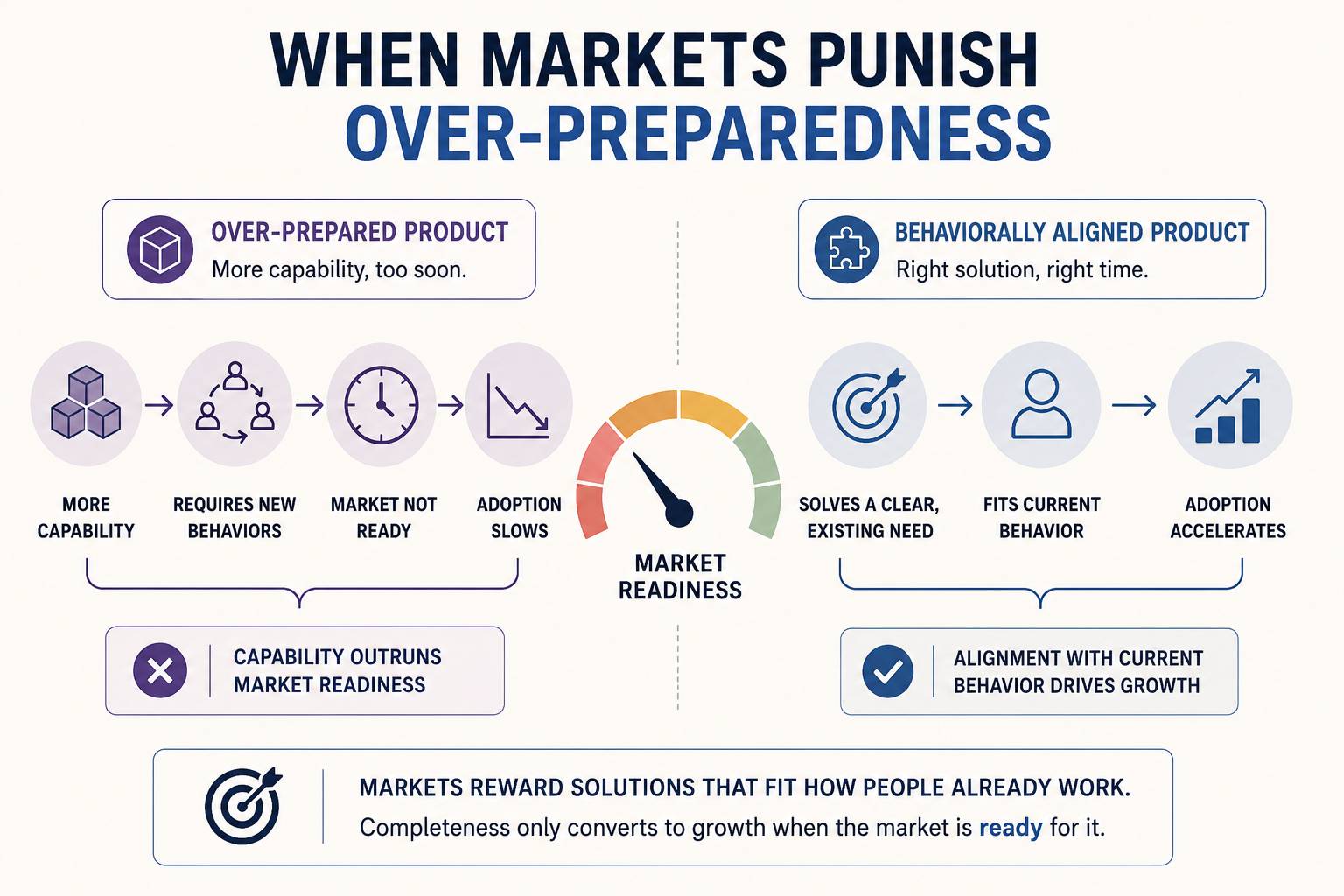 Minimal editorial-style infographic titled “When Markets Punish Over-Preparedness” on a light beige background. The diagram compares an “Over-Prepared Product” with a “Behaviorally Aligned Product.” On the left, increasing capability leads to new required